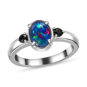 Boulder Opal Triplet and Midnight Sapphire Ring in Stainless Steel (Size 10.0) 1.10 ctw