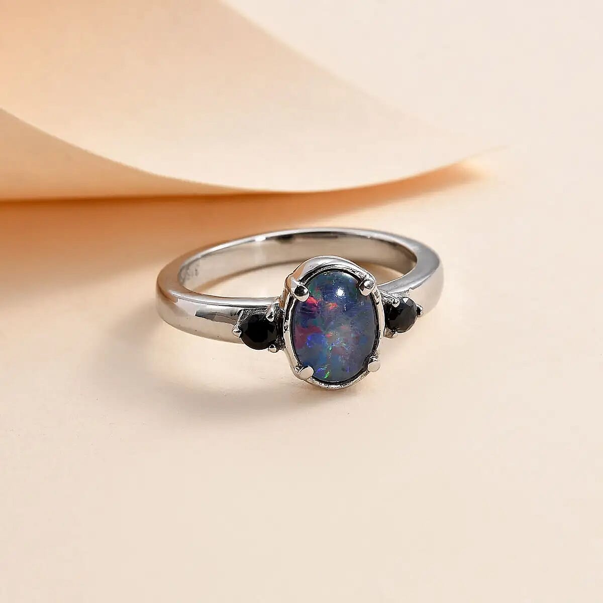 Boulder Opal Triplet and Midnight Sapphire Ring in Stainless Steel (Size 10.0) 1.10 ctw image number 1