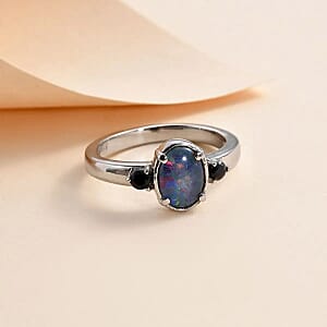 Boulder Opal Triplet and Midnight Sapphire Ring in Stainless Steel (Size 10.0) 1.10 ctw