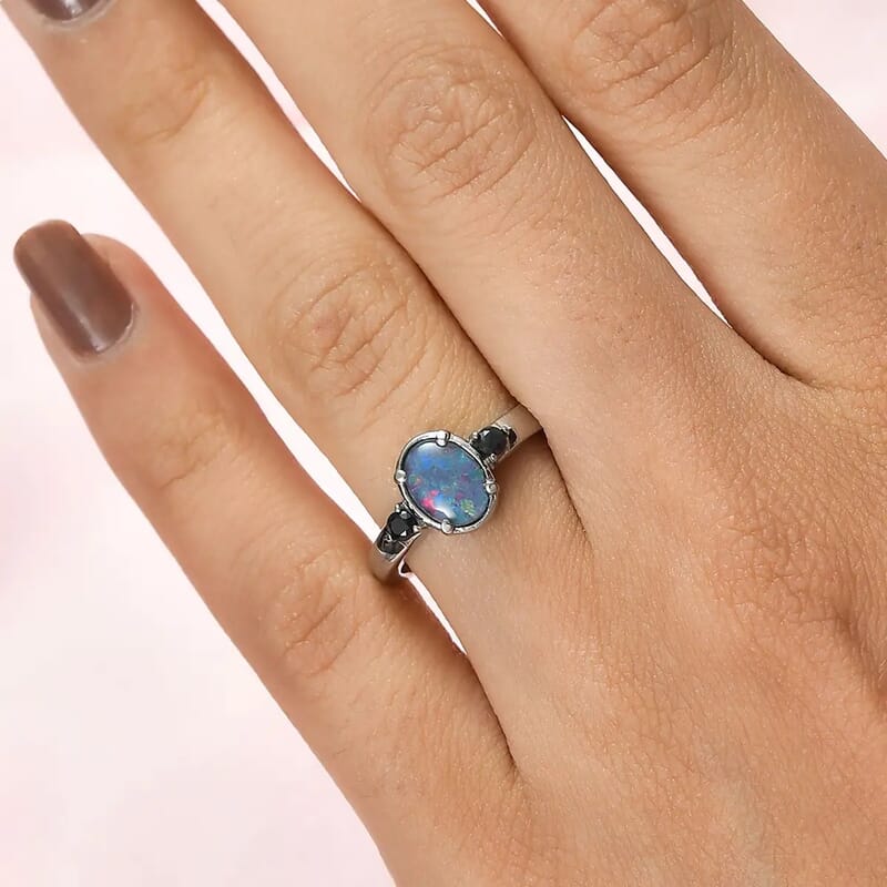 Boulder Opal Triplet and Midnight Sapphire Ring in Stainless Steel (Size 10.0) 1.10 ctw
