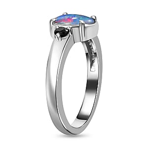 Boulder Opal Triplet and Midnight Sapphire Ring in Stainless Steel (Size 10.0) 1.10 ctw