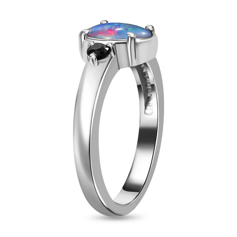 Boulder Opal Triplet and Midnight Sapphire Ring in Stainless Steel (Size 10.0) 1.10 ctw