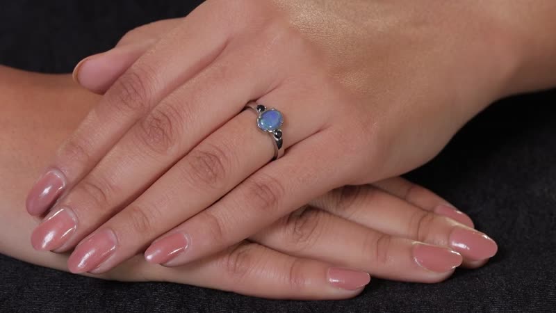 Boulder Opal Triplet and Midnight Sapphire Ring in Stainless Steel 1.10 ctw