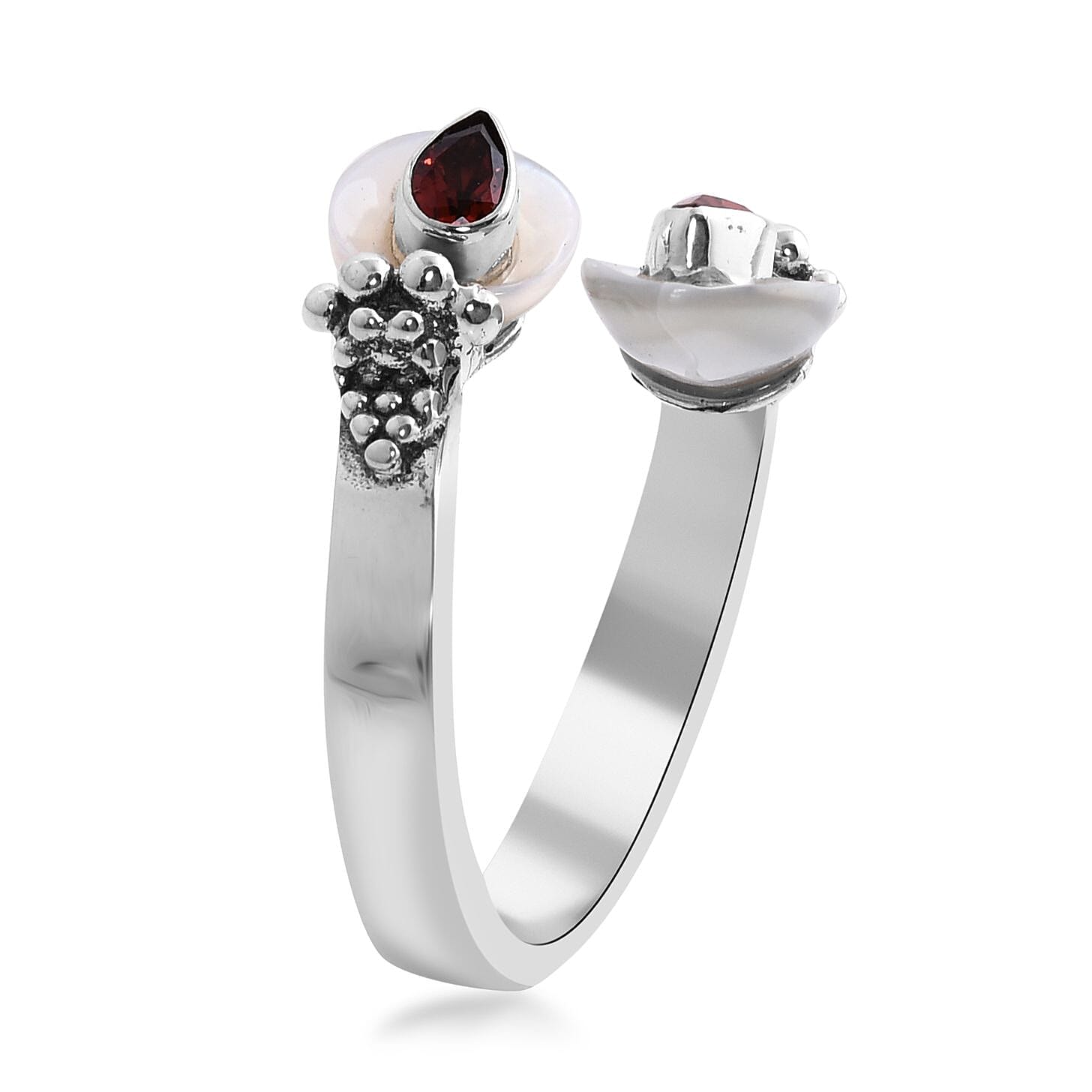 Sajen Silver Mother Of Pearl Carved Flower and Mozambique Garnet Bypass Ring in Sterling Silver (Size 10.0) 0.50 ctw