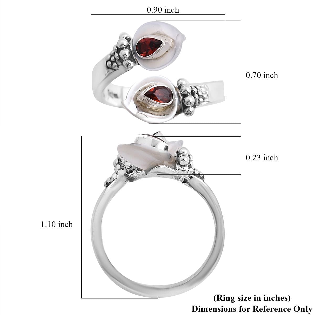 Sajen Silver Mother Of Pearl Carved Flower and Mozambique Garnet Bypass Ring in Sterling Silver (Size 10.0) 0.50 ctw