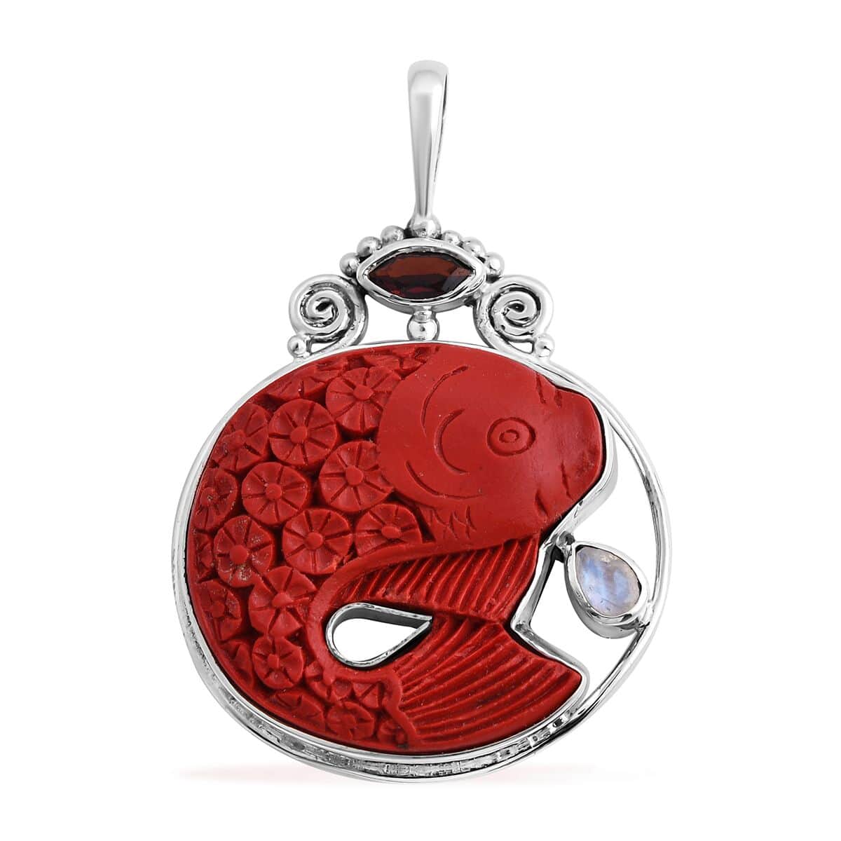 Sajen Silver Simulated Cinnabar and Multi Gemstone Carved Fish Pendant in Sterling Silver 23.40 ctw image number 0