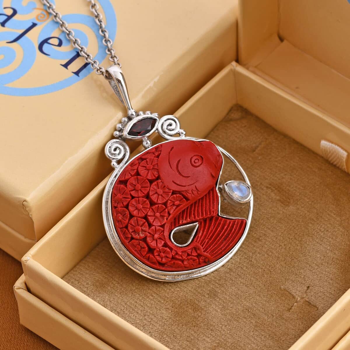 Sajen Silver Simulated Cinnabar and Multi Gemstone Carved Fish Pendant in Sterling Silver 23.40 ctw image number 1