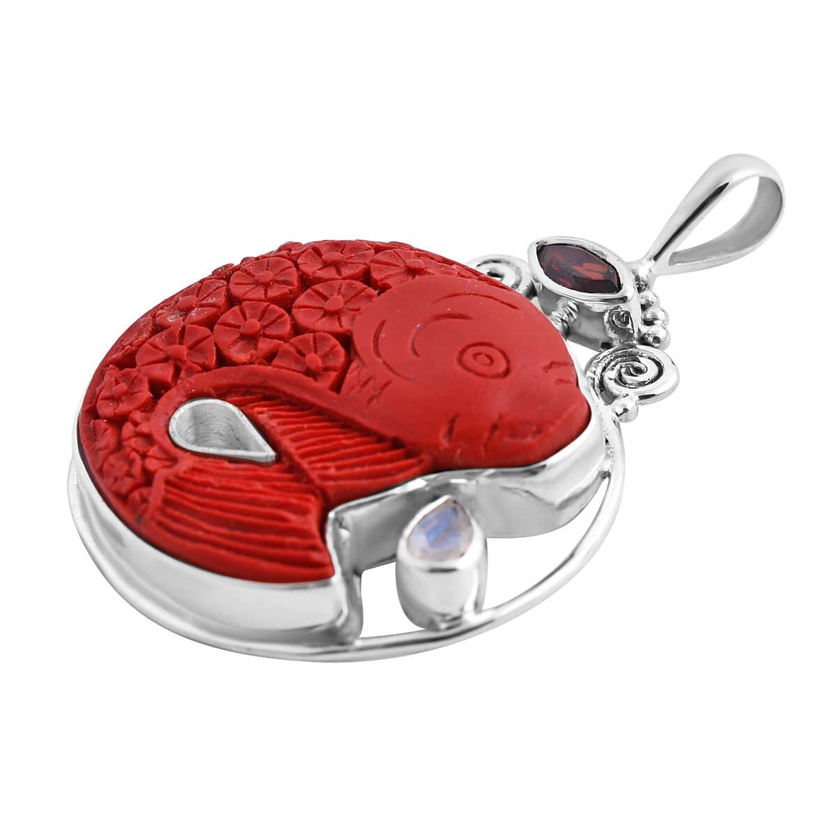 Sajen Silver Simulated Cinnabar and Multi Gemstone Carved Fish Pendant in Sterling Silver 23.40 ctw image number 3