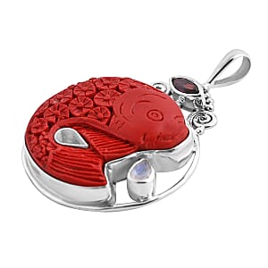 Sajen Silver Simulated Cinnabar and Multi Gemstone 23.40 ctw Carved Fish Pendant in Sterling Silver