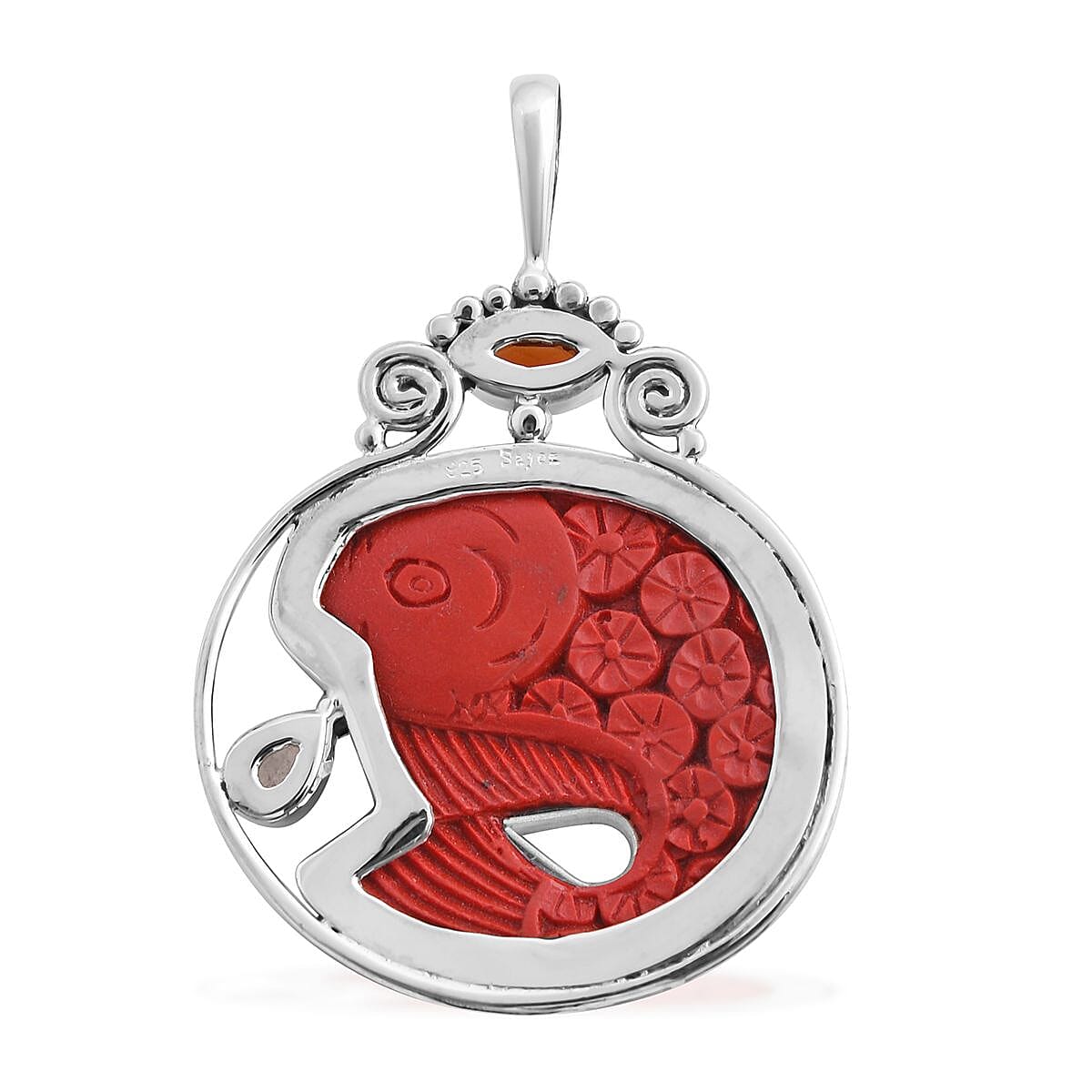 Sajen Silver Simulated Cinnabar and Multi Gemstone 23.40 ctw Carved Fish Pendant in Sterling Silver