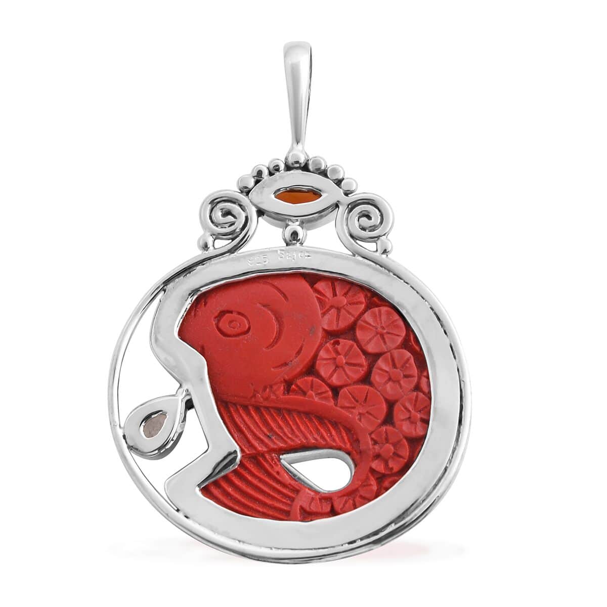 Sajen Silver Simulated Cinnabar and Multi Gemstone Carved Fish Pendant in Sterling Silver 23.40 ctw image number 4