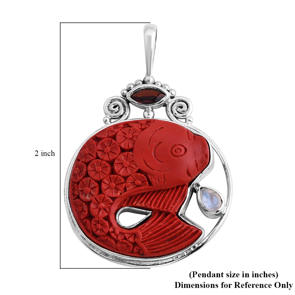 Sajen Silver Simulated Cinnabar and Multi Gemstone Carved Fish Pendant in Sterling Silver 23.40 ctw image number 5