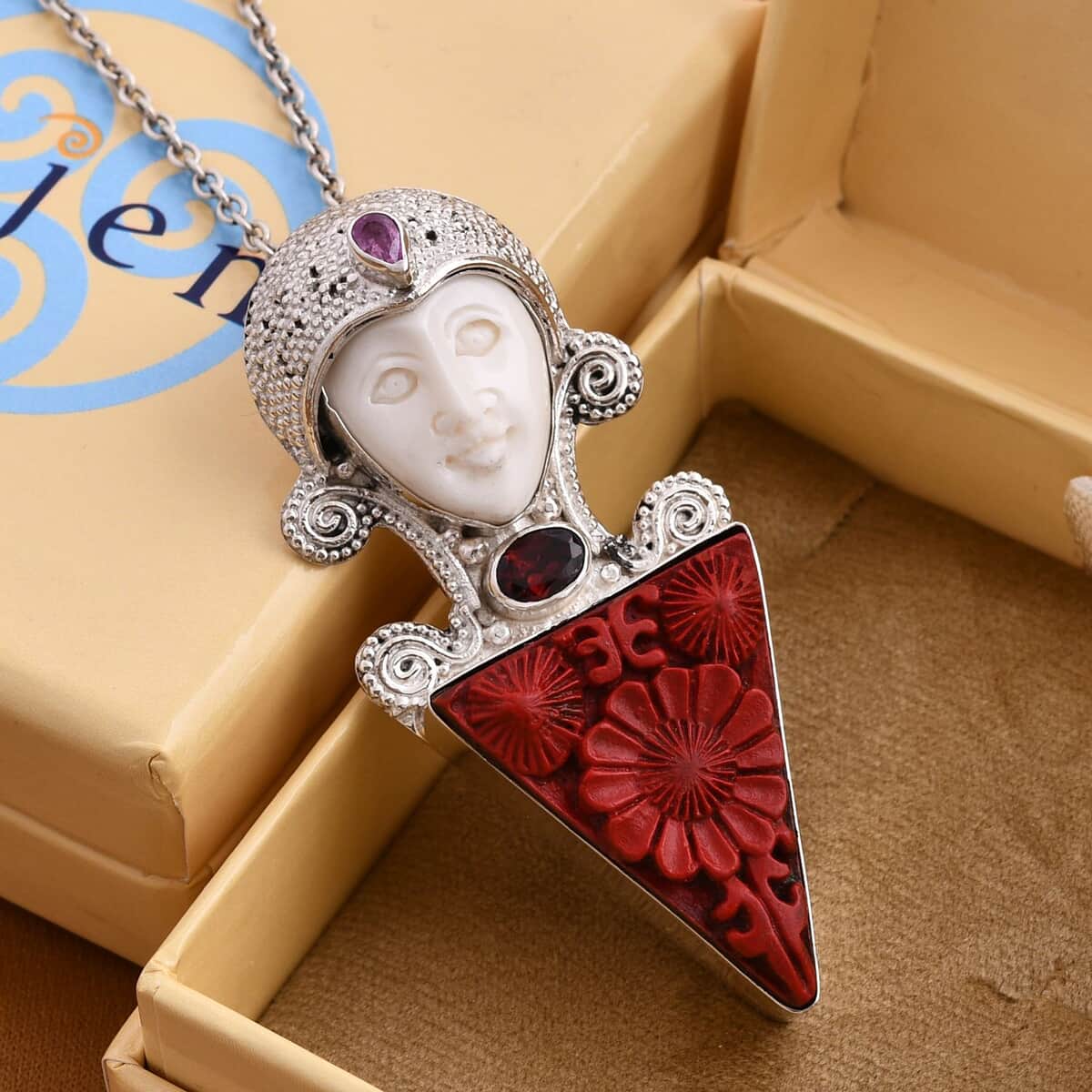 Sajen Silver Simulated Cinnabar and Multi Gemstone Floral Carved Pendant in Sterling Silver 18.35 ctw image number 1