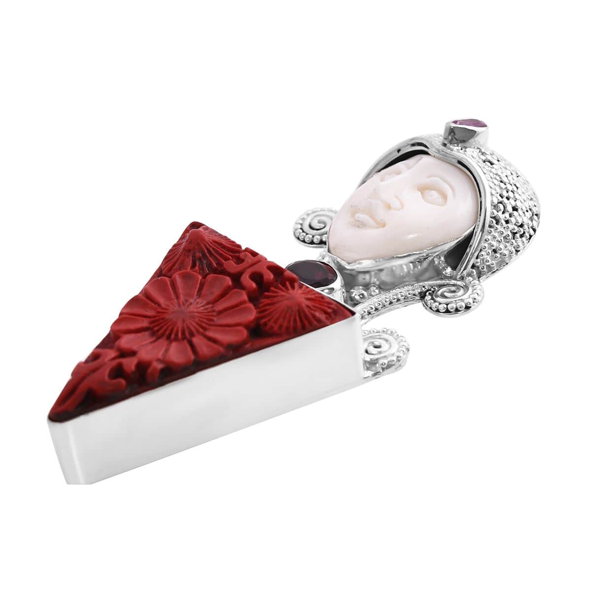 Sajen Silver Simulated Cinnabar and Multi Gemstone Floral Carved Pendant in Sterling Silver 18.35 ctw image number 3