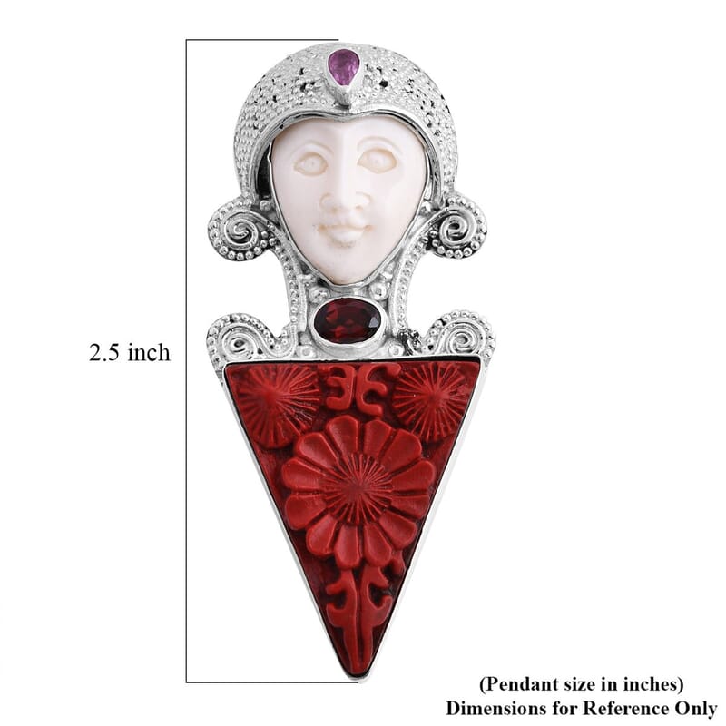Sajen Silver Simulated Cinnabar and Multi Gemstone Floral Carved Pendant in Sterling Silver 18.35 ctw