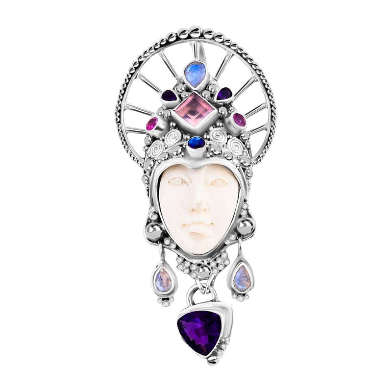 Sajen Silver Carved Bone and Multi Gemstone Pendant without Chain in Sterling Silver 7.60 ctw