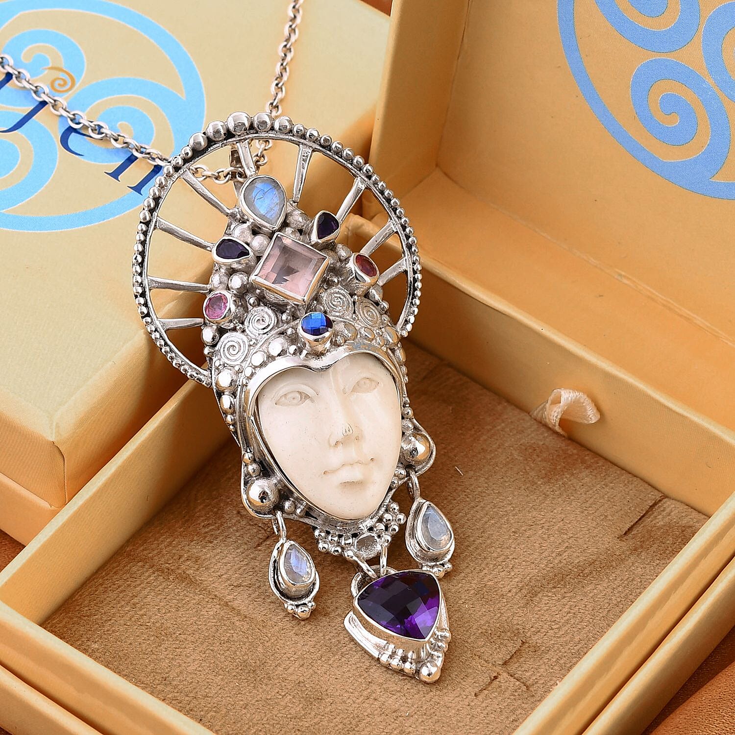 Sajen Silver Carved Bone and Multi Gemstone Pendant without Chain in Sterling Silver 7.60 ctw