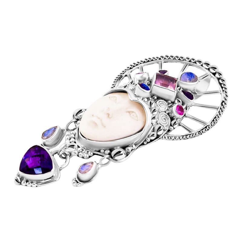 Sajen Silver Carved Bone and Multi Gemstone Pendant without Chain in Sterling Silver 7.60 ctw