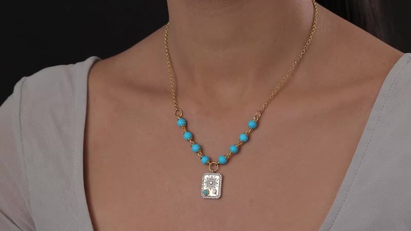 Sleeping Beauty Turquoise and Moissanite Celestial Medallion Necklace 18 Inches in Vermeil Yellow Gold Over Sterling Silver 7.90 ctw