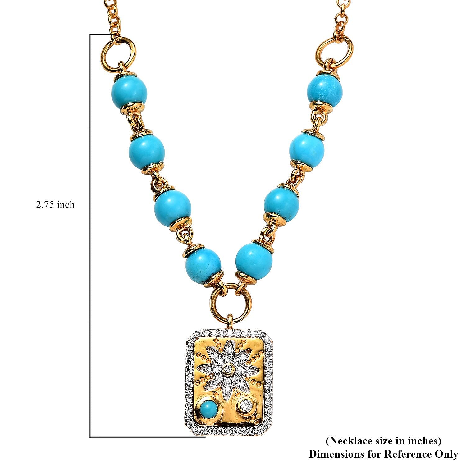 Sleeping Beauty Turquoise and Moissanite Celestial Medallion Necklace 18 Inches in Vermeil Yellow Gold Over Sterling Silver 7.90 ctw