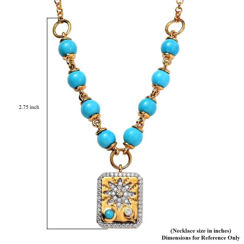 Sleeping Beauty Turquoise and Moissanite Celestial Medallion Necklace 18 Inches in Vermeil Yellow Gold Over Sterling Silver 7.90 ctw