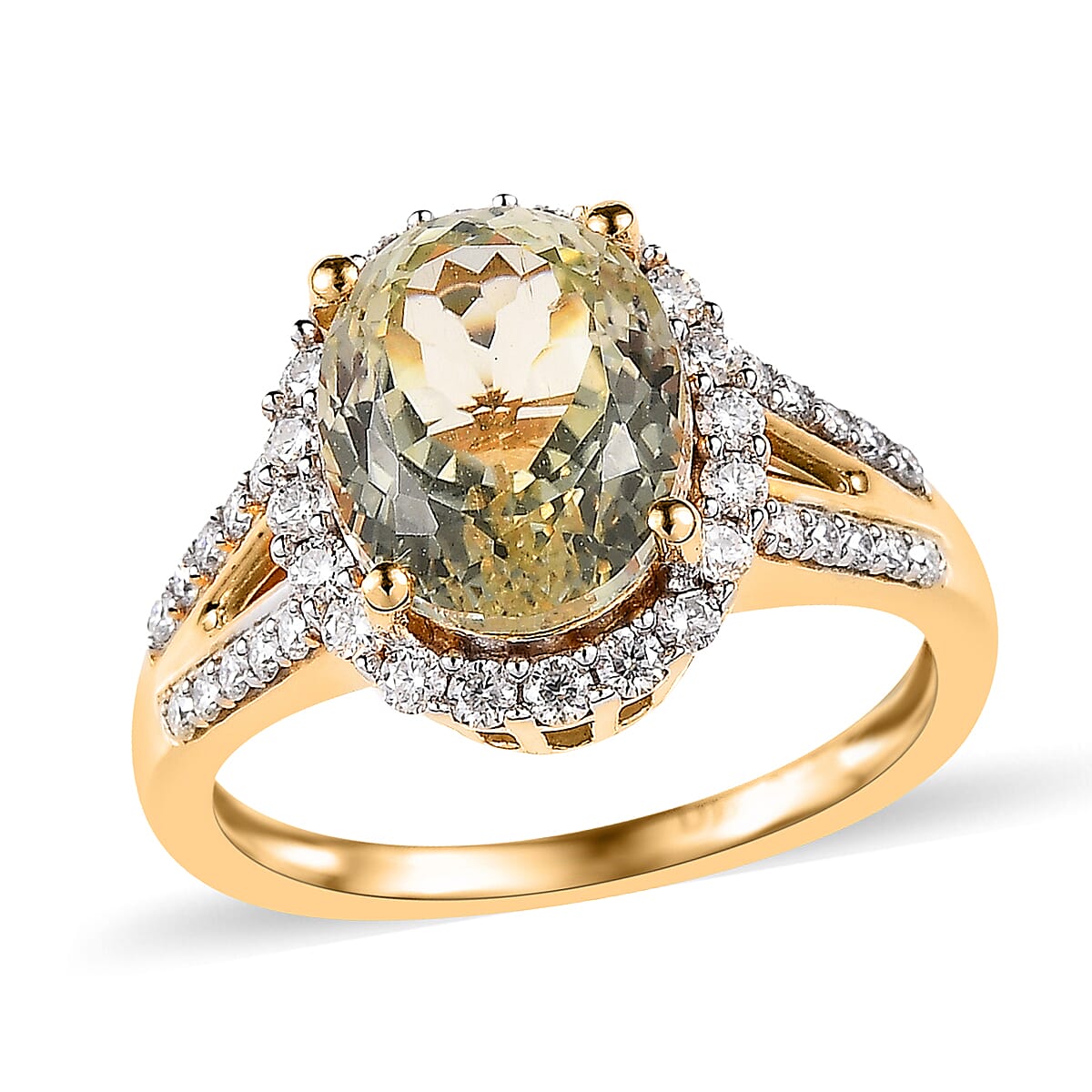 AAA Yellow Triphane and Moissanite Halo Ring in Vermeil Yellow Gold Over Sterling Silver (Size 10.0) 4.15 ctw