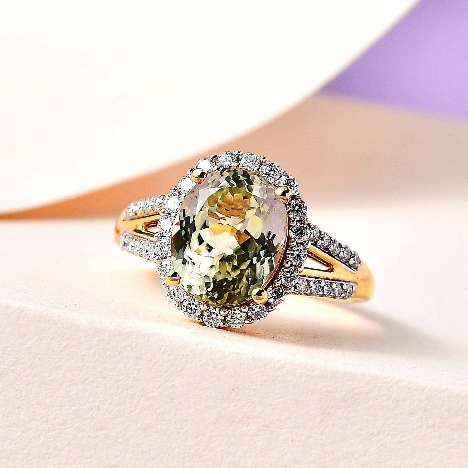 AAA Yellow Triphane and Moissanite Halo Ring in Vermeil Yellow Gold Over Sterling Silver (Size 10.0) 4.15 ctw