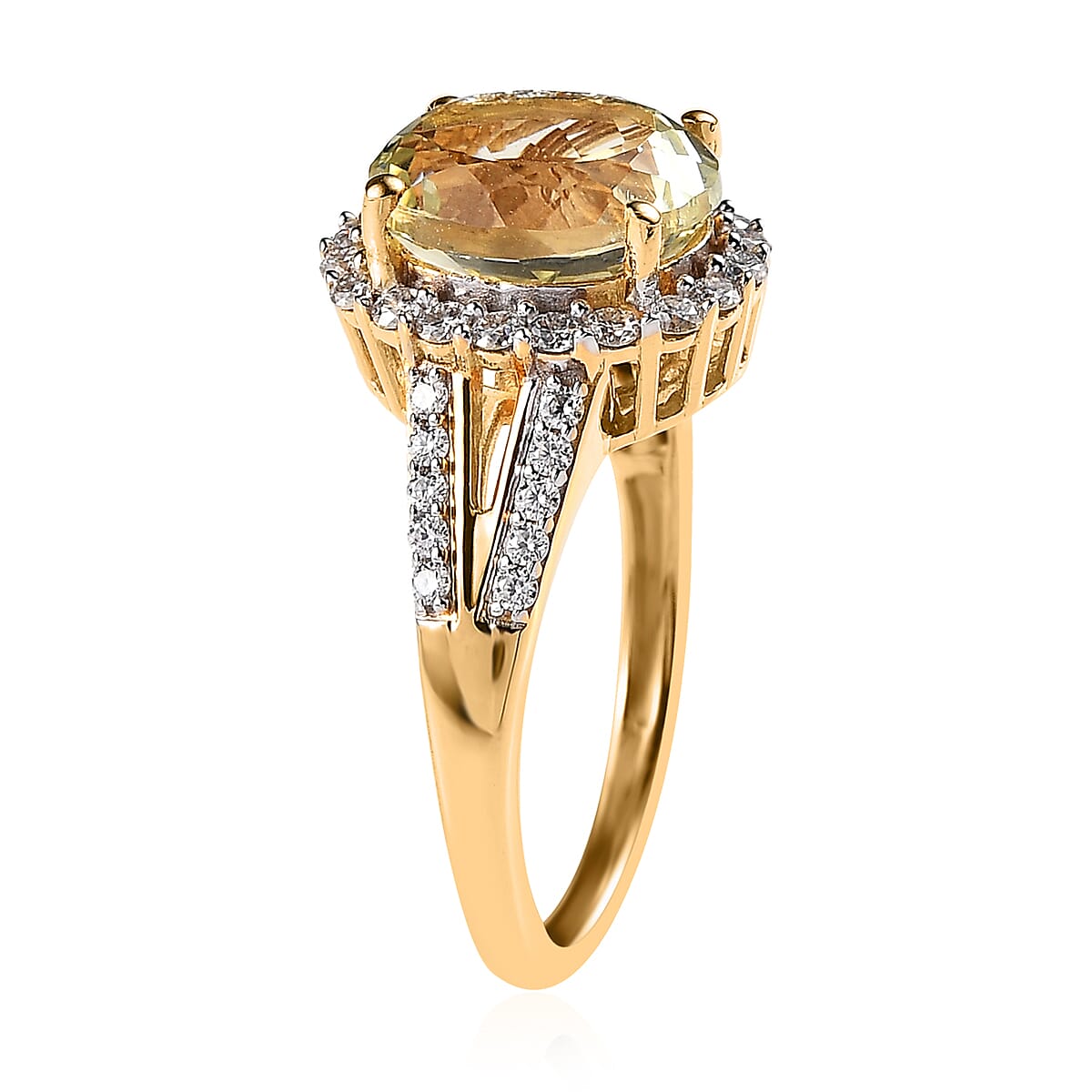 AAA Yellow Triphane and Moissanite Halo Ring in Vermeil Yellow Gold Over Sterling Silver (Size 10.0) 4.15 ctw