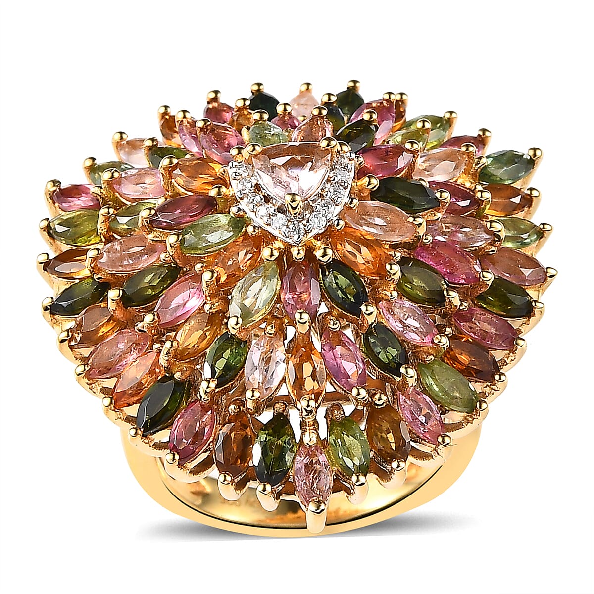 Multi-Tourmaline and Moissanite Sparkle Ring in Vermeil Yellow Gold Over Sterling Silver (Size 10.0) 6.50 ctw