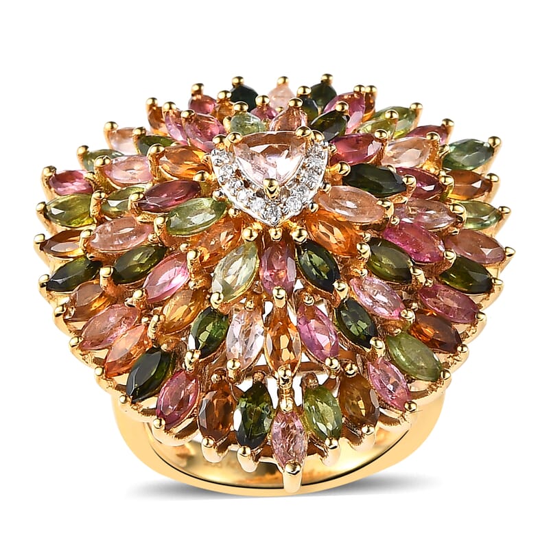 Multi-Tourmaline and Moissanite Sparkle Ring in Vermeil Yellow Gold Over Sterling Silver (Size 10.0) 6.50 ctw