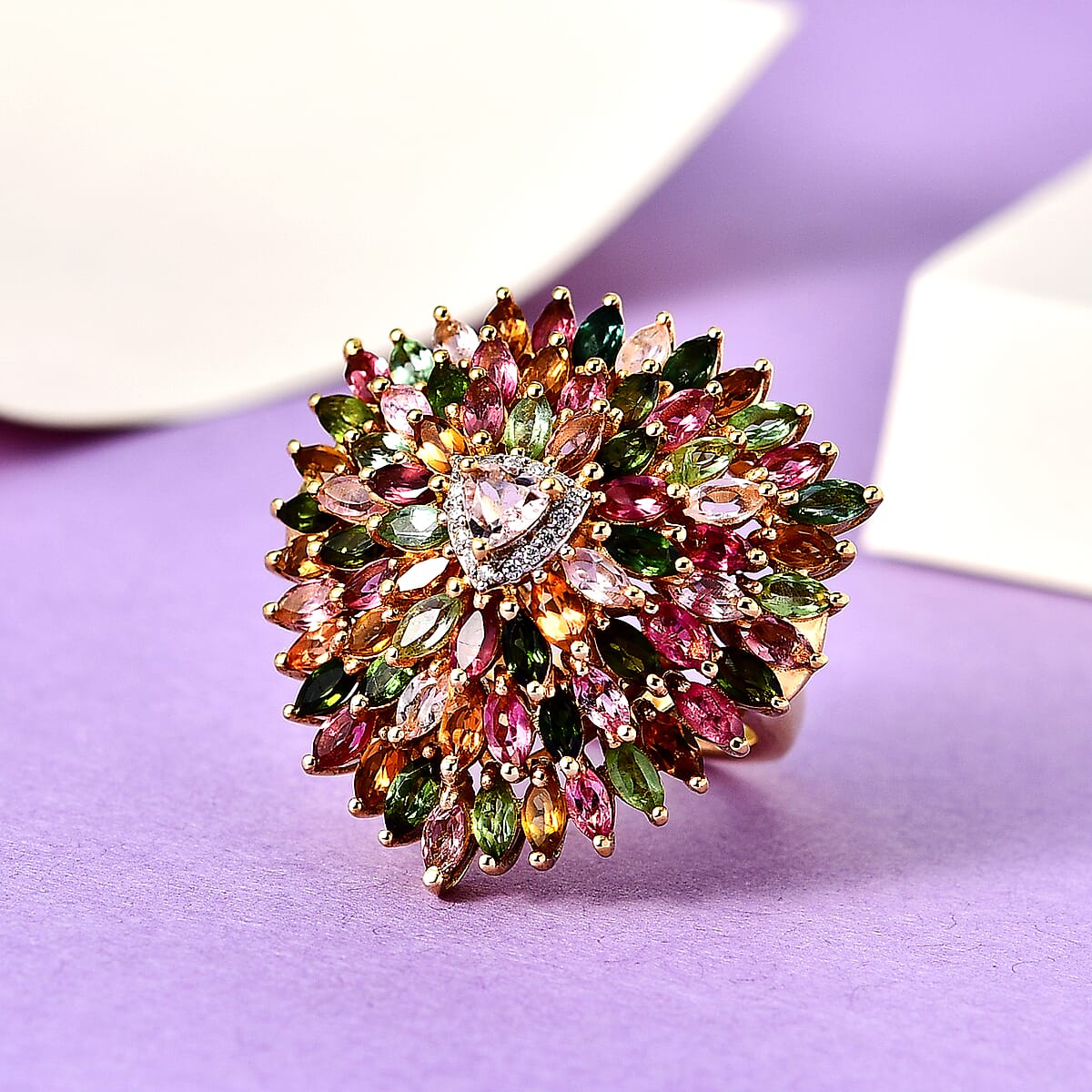 Multi-Tourmaline, Moissanite Sparkle Ring in Vermeil YG Over Sterling Silver (Size 10.0) 6.50 ctw image number 1