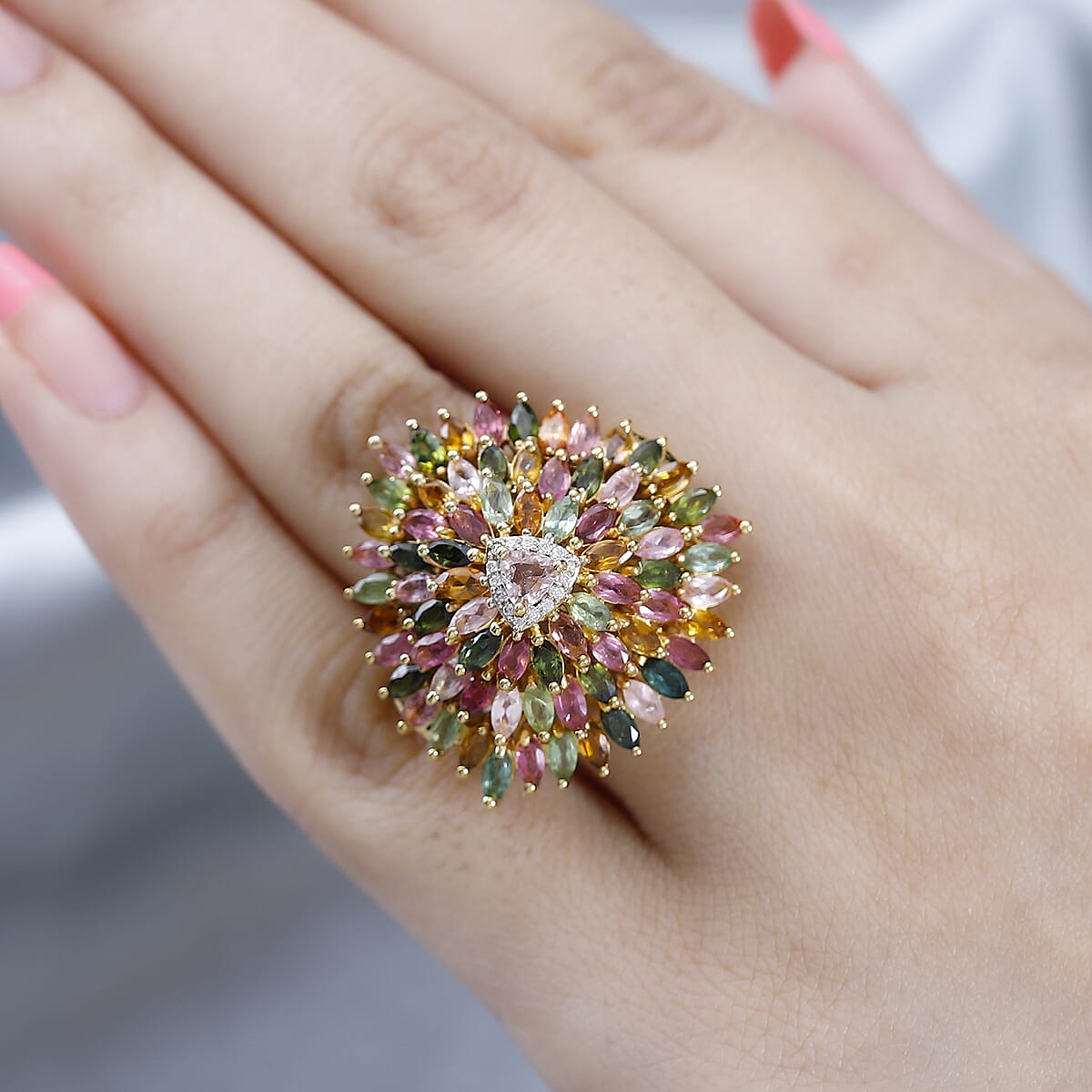 Multi-Tourmaline, Moissanite Sparkle Ring in Vermeil YG Over Sterling Silver (Size 10.0) 6.50 ctw image number 2