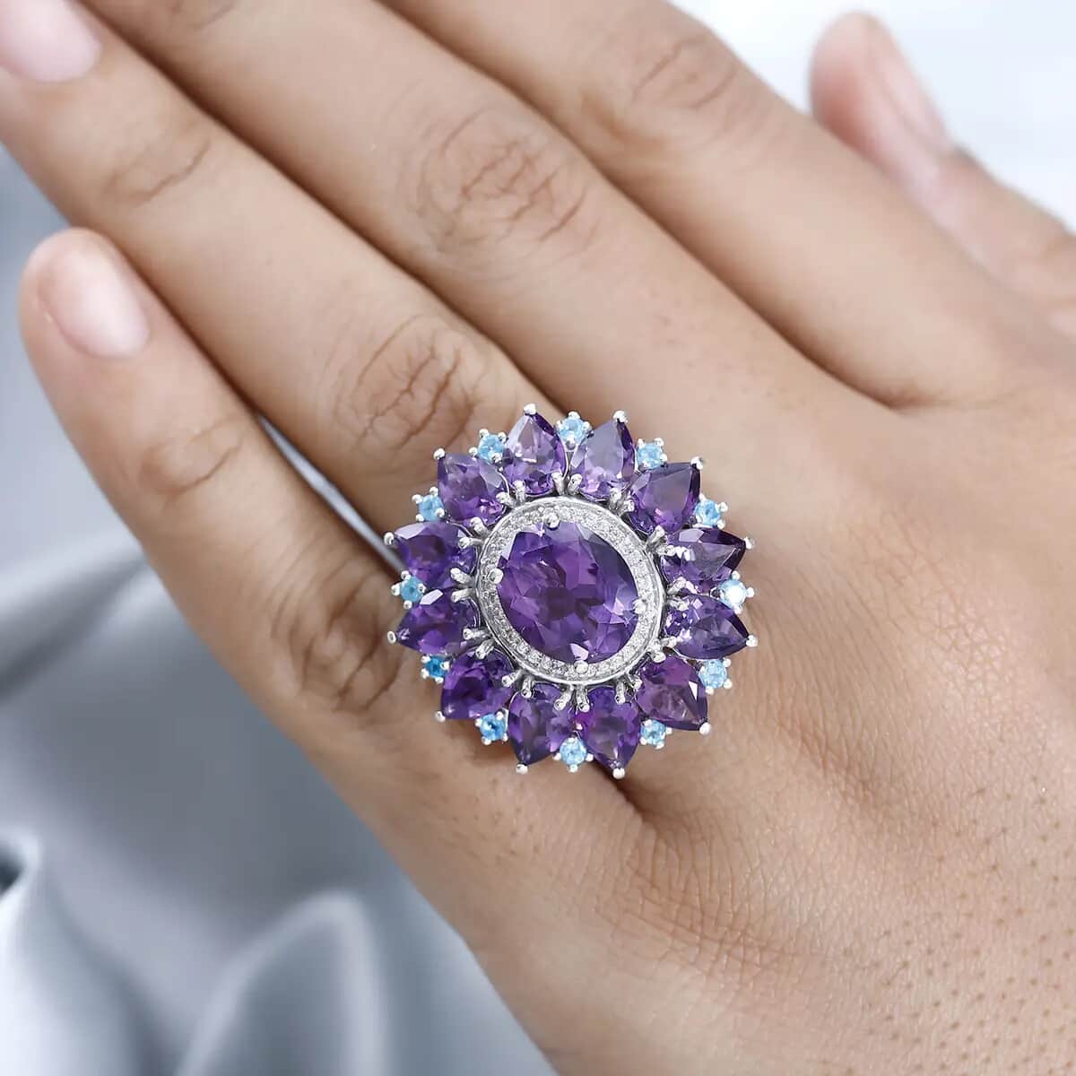 Premium Mashamba Amethyst, Multi Gemstone Floral Ring in Platinum Over Sterling Silver (Size 6.0) 14.85 ctw image number 1