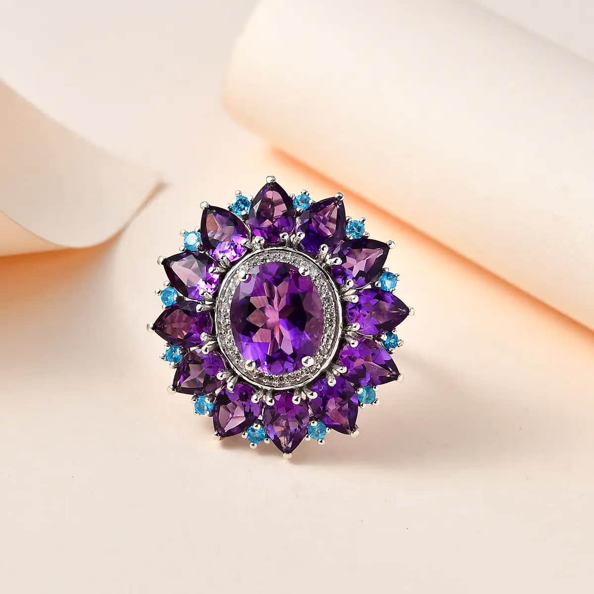 Premium Mashamba Amethyst, Multi Gemstone Floral Ring in Platinum Over Sterling Silver (Size 6.0) 14.85 ctw image number 2