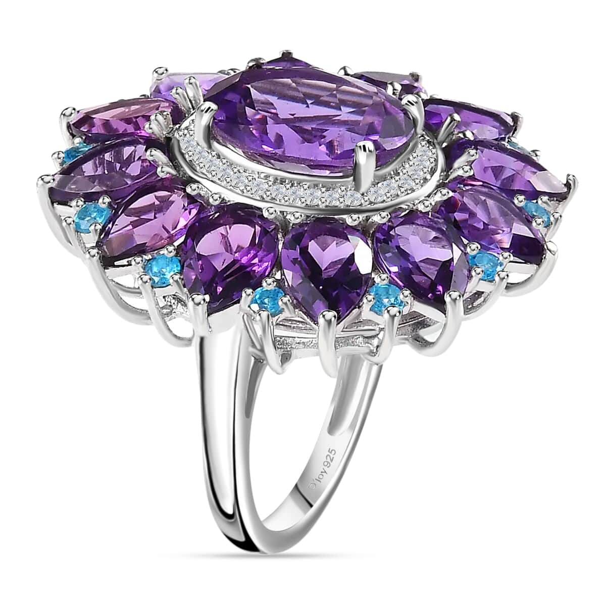 Premium Mashamba Amethyst, Multi Gemstone Floral Ring in Platinum Over Sterling Silver (Size 6.0) 14.85 ctw image number 3