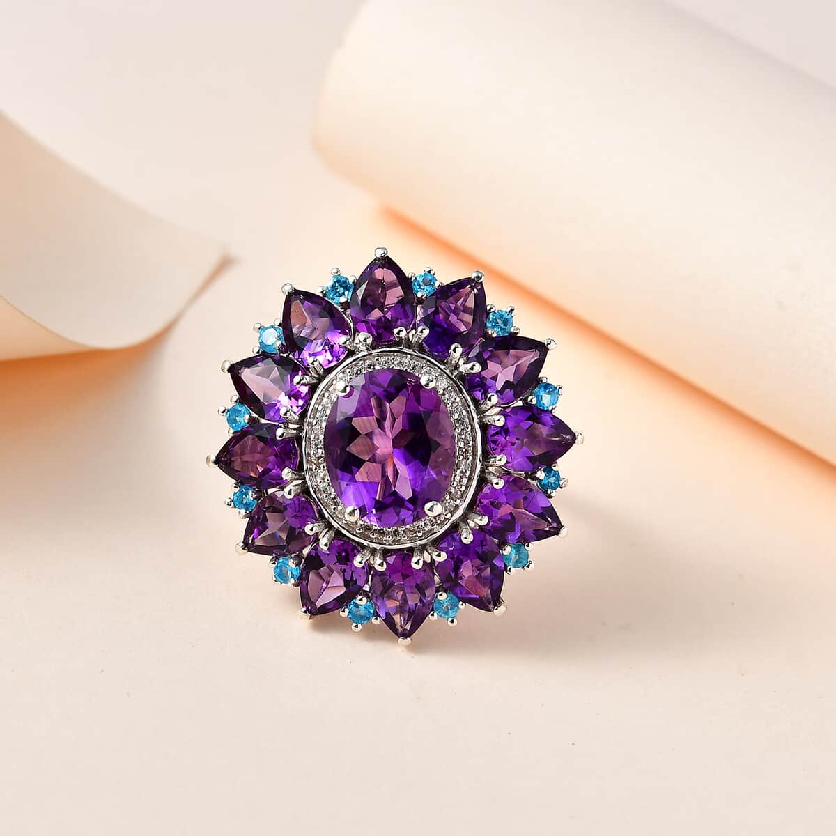 Premium Mashamba Amethyst and Multi Gemstone Floral Ring in Platinum Over Sterling Silver (Size 6.0) 14.85 ctw image number 1