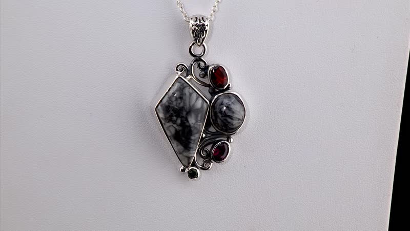 Artisan Crafted Pinolith and Multi Gemstone Fancy Pendant in Sterling Silver 26.15 ctw