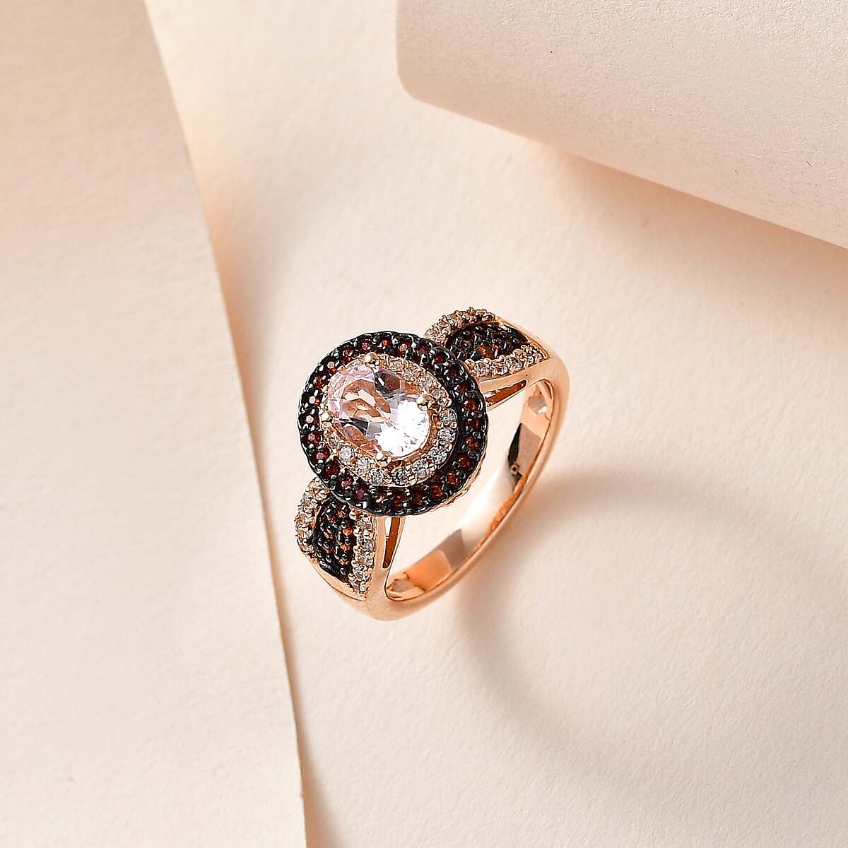 Premium Marropino Morganite, White and Coffee Zircon Double Halo Ring in Vermeil Rose Gold Over Sterling Silver (Size 6.0) 1.35 ctw image number 1