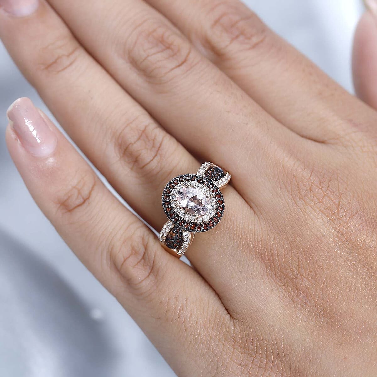 Premium Marropino Morganite, White and Coffee Zircon Double Halo Ring in Vermeil Rose Gold Over Sterling Silver (Size 6.0) 1.35 ctw image number 2
