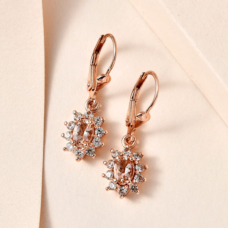 Premium Marropino Morganite and White Zircon Sunburst Lever Back Earrings in Vermeil Rose Gold Over Sterling Silver 1.80 ctw