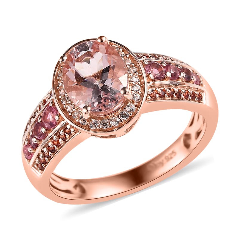 Premium Marropino Morganite and Multi Gemstone Halo Ring in Vermeil Rose Gold Over Sterling Silver (Size 10.0) 1.70 ctw