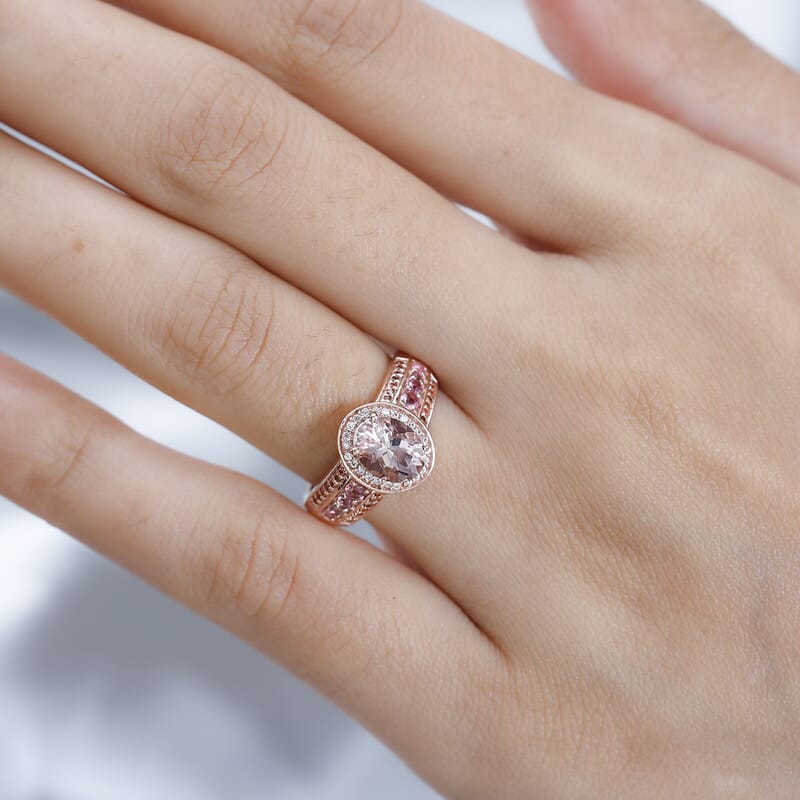 Premium Marropino Morganite and Multi Gemstone Halo Ring in Vermeil Rose Gold Over Sterling Silver (Size 10.0) 1.70 ctw