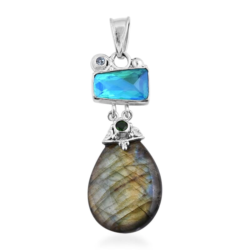 Sajen Silver Malagasy Labradorite and Multi Gemstone Pendant in Sterling Silver 41.10 ctw