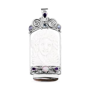 Sajen Silver Carved Bone and Multi Gemstone Pendant in Sterling Silver 4.00 ctw