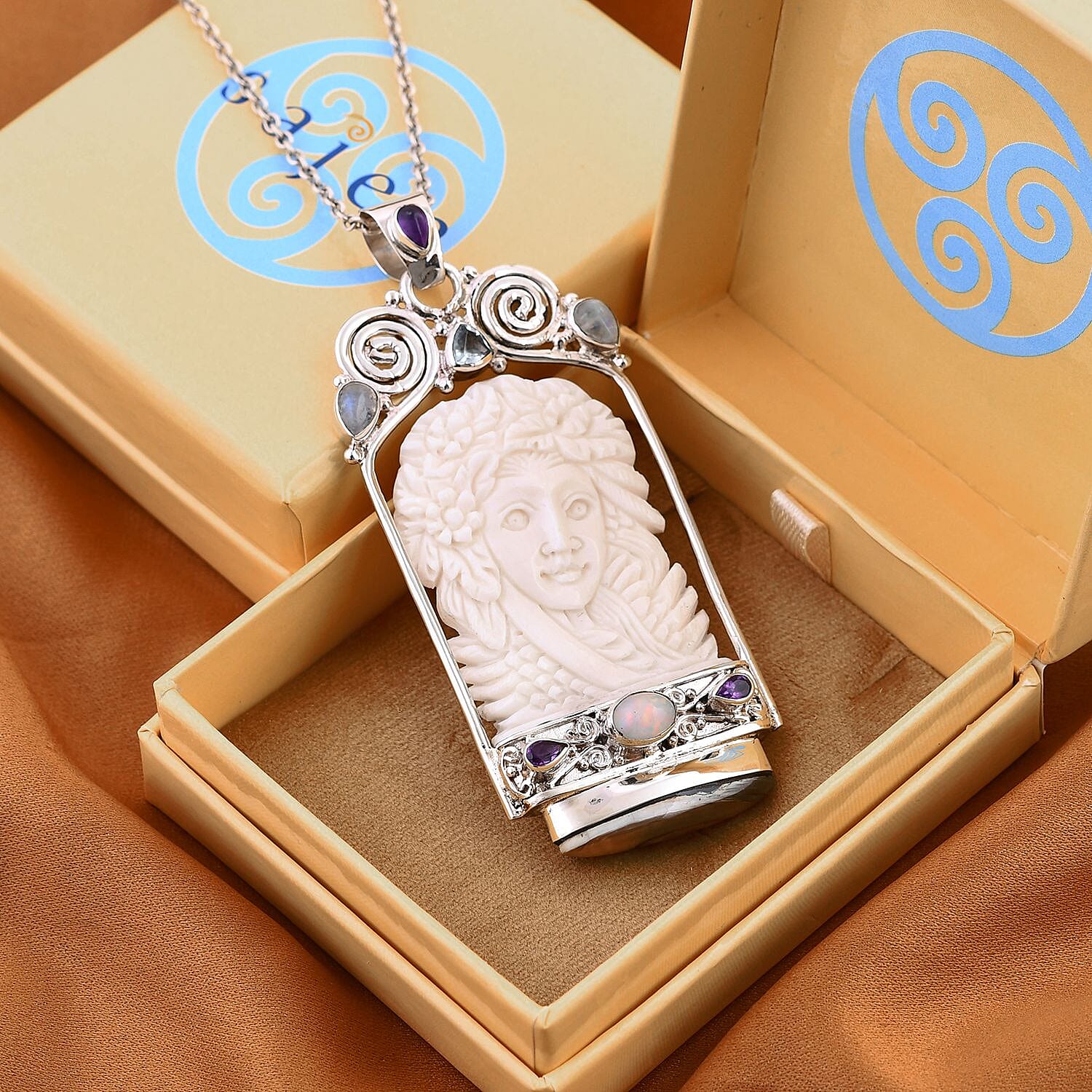Sajen Silver Carved Bone and Multi Gemstone Pendant in Sterling Silver 4.00 ctw