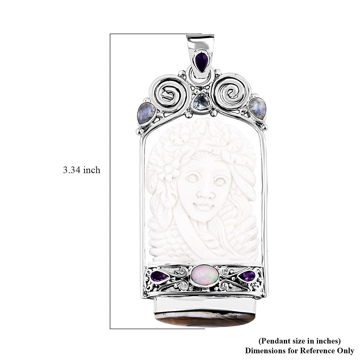 Sajen Silver Carved Bone and Multi Gemstone Pendant in Sterling Silver 4.00 ctw