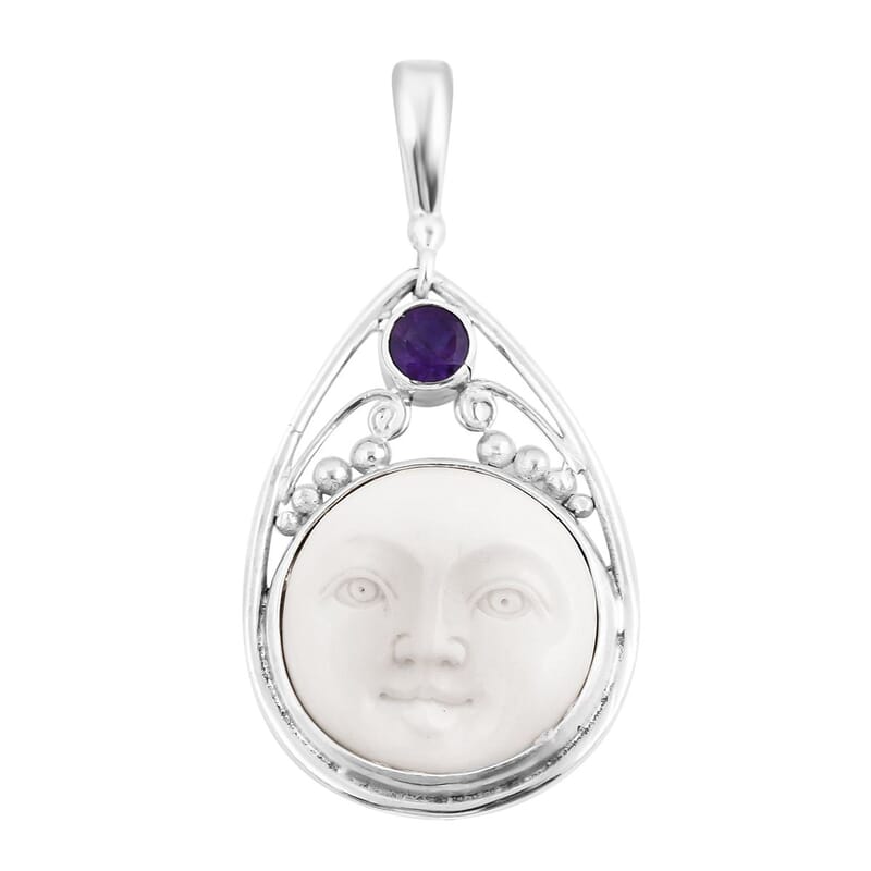 Sajen Silver Carved Bone and Abalone Shell and Multi Gemstone Reversible Pendant in Sterling Silver 0.85 ctw