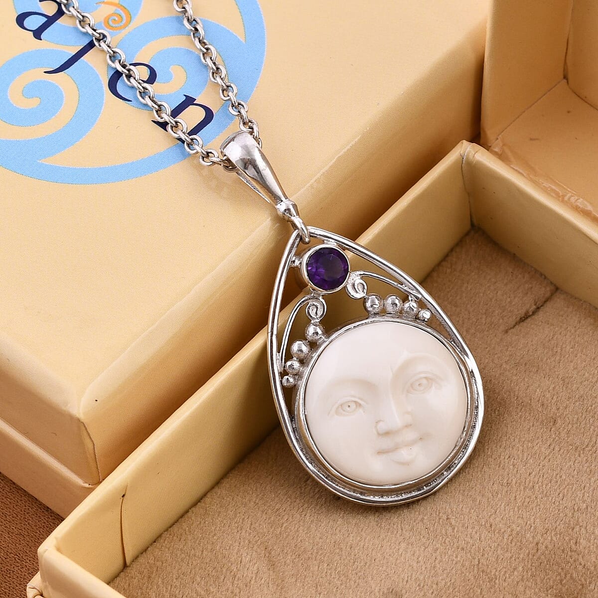 Sajen Silver Carved Bone and Abalone Shell and Multi Gemstone Reversible Pendant in Sterling Silver 0.85 ctw image number 1