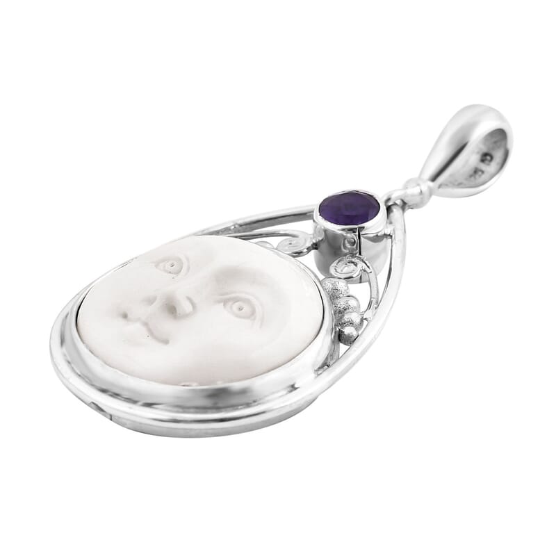 Sajen Silver Carved Bone and Abalone Shell and Multi Gemstone Reversible Pendant in Sterling Silver 0.85 ctw