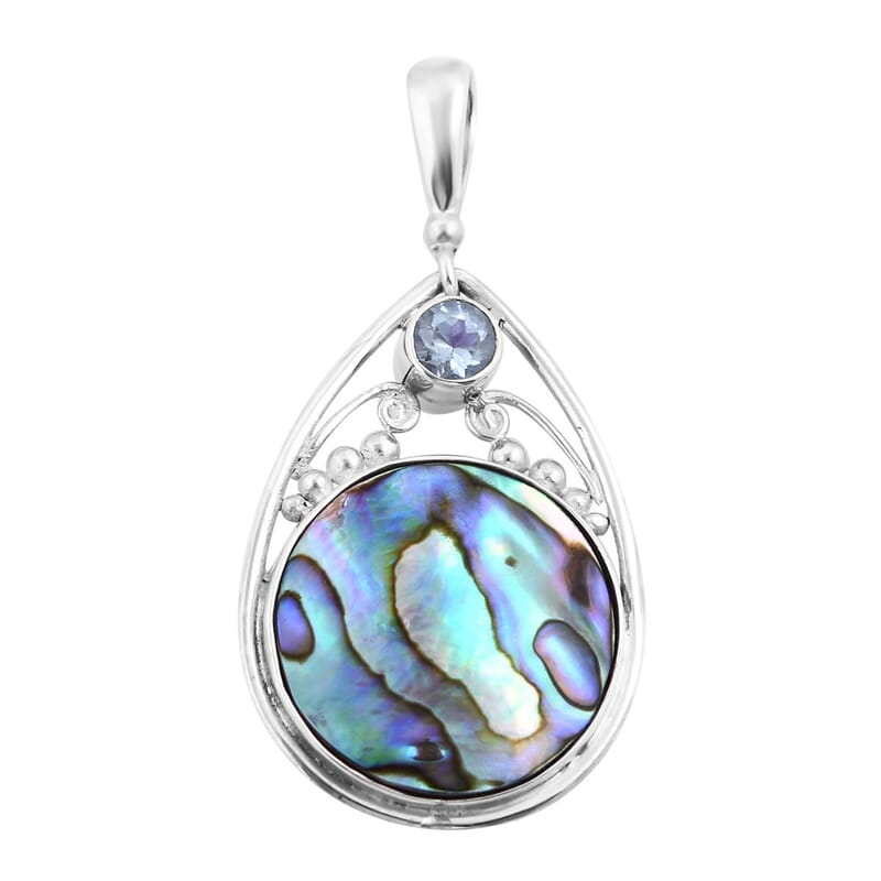 Sajen Silver Carved Bone and Abalone Shell and Multi Gemstone Reversible Pendant in Sterling Silver 0.85 ctw
